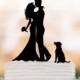 silhouette Wedding Cake topper with dog, custom dog cake topper for wedding, Bride and groom cake topper
