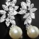 White Pearl Cubic Zirconia Bridal Earrings, Swarovski 10mm Pearl Earrings, Wedding White Pearl CZ Earrings, White Pearl CZ Bridal Jewelry