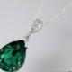 Emerald Crystal Necklace, Swarovski Emerald Teardrop Silver Necklace, Wedding Bridal Bridesmaids Green Jewelry, Emerald Rhinestone Pendant