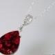 Red Crystal Necklace, Swarovski Siam Dark Red Rhinestone Necklace, Red Silver Teardrop Bridal Necklace, Wedding Bridesmaids Red Jewelry