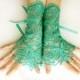 Green lace gloves, wedding bridal gloves, fingerless gloves, steampunk noir gloves, gothic belly dance, green mitten lace cuff