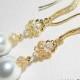 Pearl Bridal Earrings, Swarovski White Pearl Gold Earrings, Pearl Chandelier Earrings, Wedding Pearl Dangle Earrings, Bridal Pearl Jewelry