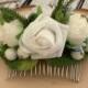 White rose Bridal hair comb Champagne hairpiece Flower hair comb Rustic flower comb Ivory hair piece Wedding hair comb Greenery hair comb