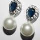Pearl Bridal Earrings, Swarovski 10mm White Pearl Navy Blue Earrings, Wedding Pearl Earrings, Pearl Bridal jewelry Wedding White Pearl Studs
