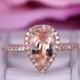 6x9mm Morganite Engagement ring/in 14k rose gold diamond band/Halo Stacking ring/Art deco wedding ring/Pear shaped morganite ring/Pave set