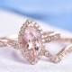 Morganite Ring Set Pink Morganite Engagement Ring 10x5mm Marquise Cut Stone V Shape Diamond Wedding Band 14k Rose Gold Wedding Ring Set