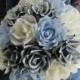 Sea wedding, Bridal bouquet luxury Silver rose, Ivory, Light blue, Silver&navy paper flowers Large Romantic alternative paper bouquet