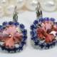 Royal Blue Coral Earrings Sapphire Peach Swarovski Crystal Drop Earrings Blue Cobalt large Halo Dangle Earrings ,Silver ,Rose Peach SE98