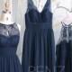 Navy Blue Mismatched Bridesmaid Dress,Wedding Dress,Illusion Lace V Neck Chiffon Maxi Dress,A-Line Sleeveless Prom Dress(H685/H686/H516A)