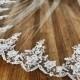 Cathedral veil, chapel lace veil, embroidered lace veil, lace at hem, floral lace, light ivory veil, diamond white veil, veil.