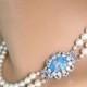 Ivory Pearl Necklace, Vintage Pearl Choker, Aquamarine Rhinestone, 2 Strand Pearls, Bridal Pearls, Vintage Wedding, Pearls With Side Clasp