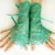 Green lace gloves, wedding bridal gloves, fingerless gloves, steampunk noir gloves, gothic belly dance, green mitten lace cuff