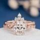 Unique Moissanite Engagement Ring Set Rose Gold Marquise Diamond Art Deco Band Oval Cut Bridal Wedding Antique Promise Women Anniversary 2pc