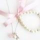 Flower girl jewelry set, personalized gift, pearl bracelet necklace, blush pink ribbon, wedding gift, little girl gift, junior bridesmaid