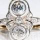 Antique Edwardian Double Diamond Ring 15k Gold Silver Set