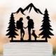 Hiking Couple wedding cake topper with dog Backpacking Bride and Groom outdoor wedding Mountain Wedding Cake Topper with trees