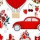 Valentines Day VW Beetle, Vintage Car with hearts, balloons, roses, flowers, clip art vector illustration