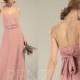 Dusty Rose Bridesmaid Dress V Neck Chiffon Wedding Dress Spaghetti Strap Prom Dress Long Sash Illusion Lace Back Long Shift Maxi Dress(L529)