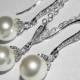 White Pearl Earrings Necklace Set, Swarovski White Pearl Set, Wedding White Drop Pearl Silver Set, Bridal Bridesmaids Pearl Jewelry Set