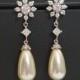 Bridal Teardrop Pearl Earrings, Swarovski Ivory Cream Pearl Silver Earrings, Pearl Wedding Earrings, Pearl CZ Chandelier Earrings, Weddings