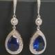 Navy Blue Crystal Earrings, Sapphire Blue Cubic Zirconia Earrings, Blue Silver Teardrop Earrings, Blue Chandelier Dangle Wedding Earrings