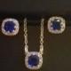 Wedding Dainty Blue Jewelry Set, Sapphire Silver Earrings&Necklace Set, Bridal Jewelry Set, Blue Halo Earrings and Necklace Set Prom Jewelry