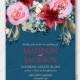 Red Lilly pink ranunculus privet berry Wedding invitation watercolor template greeting card