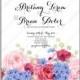 Pink peony, blue hydrangea, red poppy eucalyptus floral wedding invitation vector card template fiesta