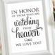 In Honor of Those Watching from Heaven Sign, Memorial Table Sign, 8x10 Wedding Sign, DIY Sign Printable, In Memory Sign Template