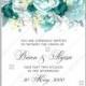 Vintage Wedding invitation vector card template mint green blue watercolor peony eucalyptus