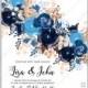 Royal blue rose Indigo Watercolor Floral wedding invitation vector template