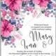 Tropical pink hibiscus lilac wedding invitation vector card template spring