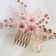 Pink flower hair comb for Bride, Gold Wedding hair piece with crystal and rhinestone, Bridesmaids head piece