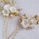 Bridal hair pins with white flowers, gold leaves and crystals, Wedding hair piece for bridesmaid, Bridal headpiece Floral hair pin
