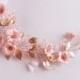 Bridal rose gold hair vine with pink flowers, leaves and crystals, Flower Leaf Boho Headpiece Wedding hair piece, Floral hair comb Hairpiece