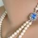 Vintage Pearls With Sapphire Rhinestone Clasp, Long Pearl Necklace, Pearl Bridals, Blue Bridal Jewelry, Cobalt Rhinestone, Gatsby, Art Deco
