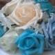 Floral cake topper. Wedding cake topper. Teal, blue cream and ivory foam rose cake topper. crystal cake topper. pearl cake topper.