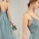 Prom Dress Dusty Blue Tulle Bridesmaid Dress V Neck Wedding Dress Spaghetti Strap Party Dress Illusion Lace-up Back A-line Maxi Dress(HS736)