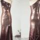 Ombre Rose Gold & Wine Sequin Party Dress Ruched One Shoulder Bridesmaid Dress Glitter Bodycon Prom Dress Split Wedding Dress - Renz (HQ698)