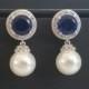 Pearl Bridal Earrings, White Navy Blue Wedding Earrings, Swarovski 10mm Pearl Drop Earrings, Pearl Bridal Jewelry, Pearl Navy Blue CZ Studs