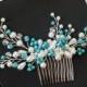 Pearl Bridal Hair Comb, Blue Turquoise White Wedding Comb, Teal White Hairpiece, Pearl Bridal Headpiece, Pearl Hair Jewelry, Prom Hair Comb