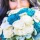 Teal and Ivory Wood Flower Bouquet