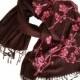 Cherry Blossom Scarf. Printed shawl, bridesmaid wrap, cover up. Silkscreened linen weave pashmina. Fuchsia on espresso brown & more.