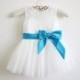 Light Ivory Flower Girl Dress Blue Ribbon Baby Girl Dress Lace Tulle Flower Girl Dress With Blue Sash/Bows Sleeveless