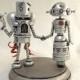 Retro Wood Robot Bride and Groom Wedding Cake Topper in Silver with Rocket Pack