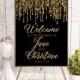 Printable welcome wedding sign, gold glitter reception entrance sign, bokeh sparkle gold and black digital sign. String lights welcome sign