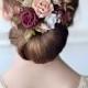 Beige white burgundy flower comb Bridal hair comb Burgundy rose hair Wedding accessory hair back Floral headpiece Bride hair comb