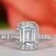1.25 ctw Emerald Cut Halo Engagement Ring, Man Made Diamond Simulant, Half Eternity Wedding Ring, Promise Ring, Sterling Silver