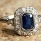 Blue Natural Sapphire Diamond Halo and Platinum Ring