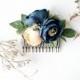 Wedding Hair Comb, Bridal Comb, Floral Hair Comb, Wedding Comb, Boho Flower Comb, Boho, Hair Comb, Dark Blue Comb, Greenery, Champagne
